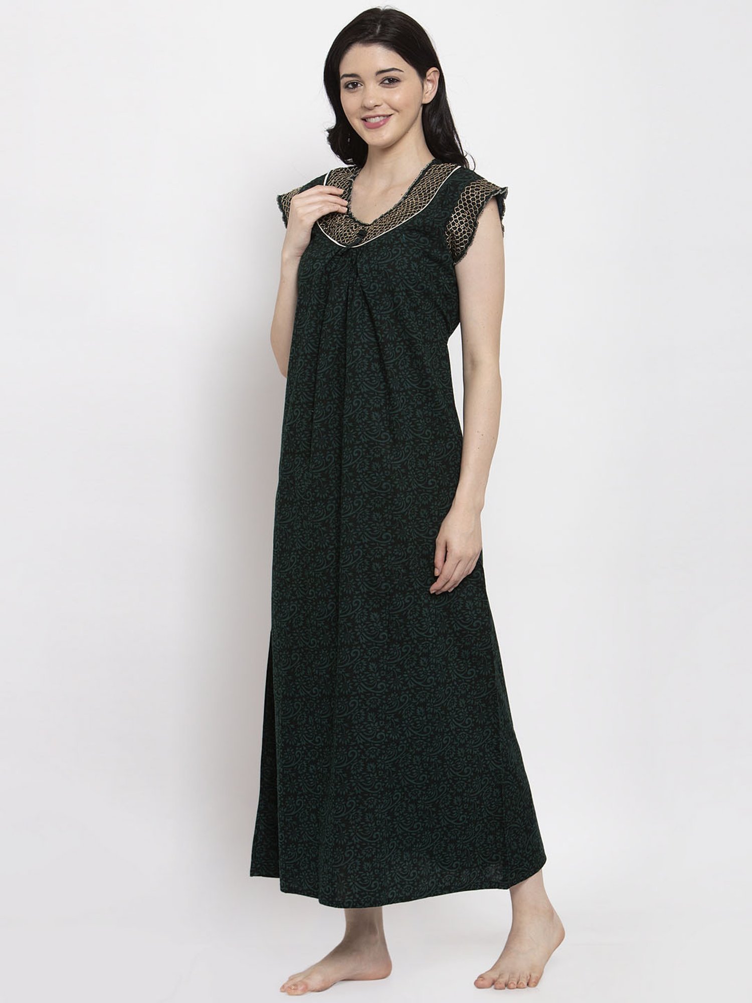Secret Wish Dark Green Printed Nighty