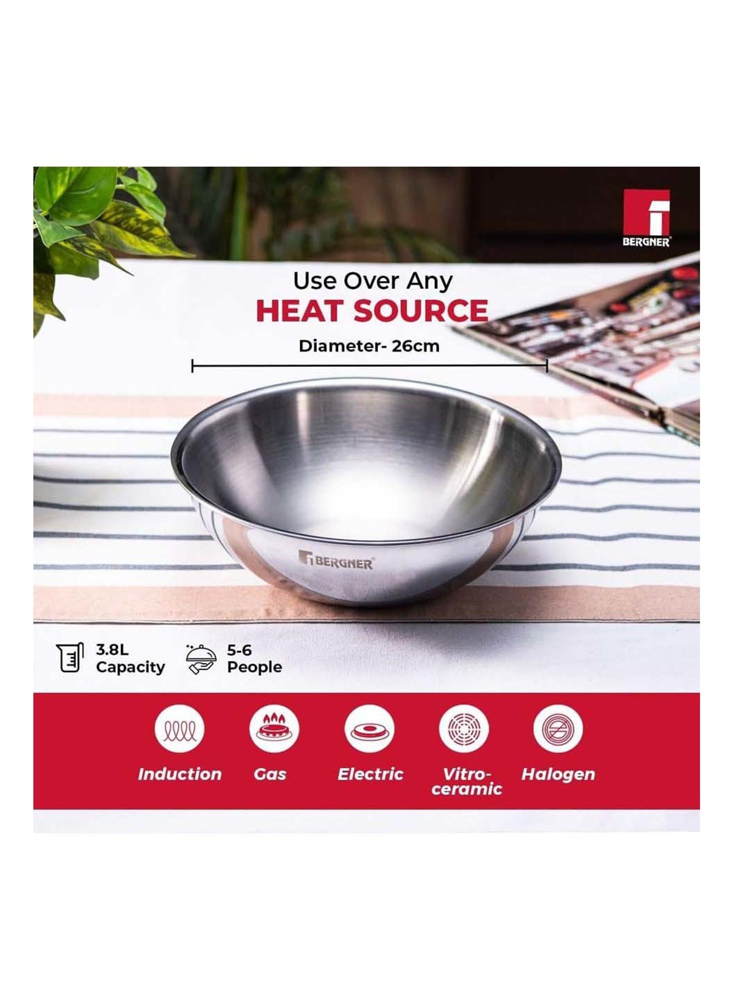 Bergner Tripro Silver Stainless Steel 26 cm Induction Friendly Triply Serve Wok With Lid (3.8 L)