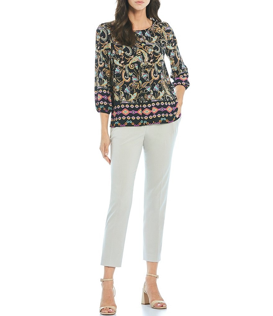 Tahari ASL Printed Georgette Crew Neck 3/4 Sleeve Pleat Front Smocked Top