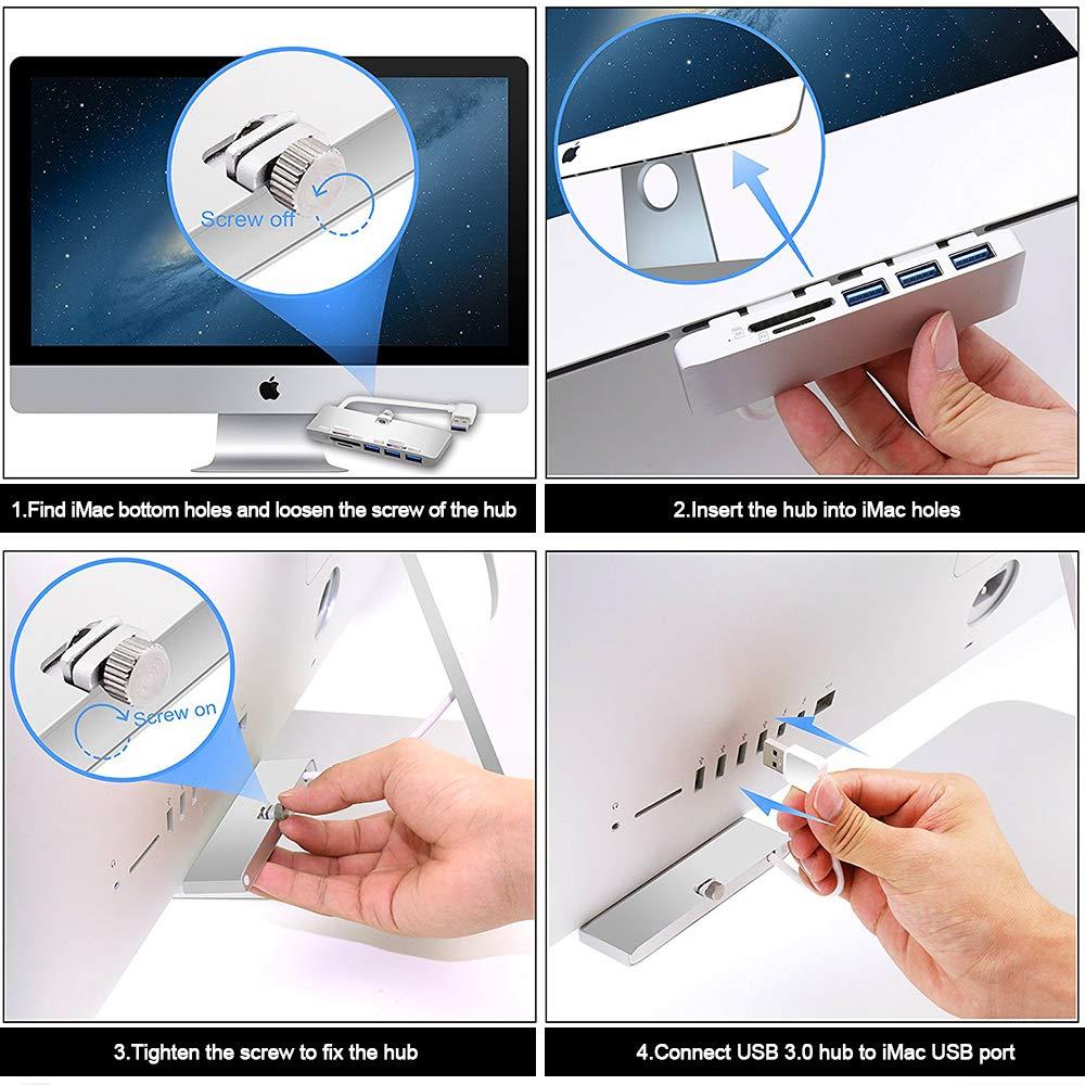 Rocketek iMac Hub Aluminum 3-Port USB 3.0 Hub Adapter with SD & Micro SD Card Reader Combo - Compatible with 2017 iMac and iMac Pro (Silver)