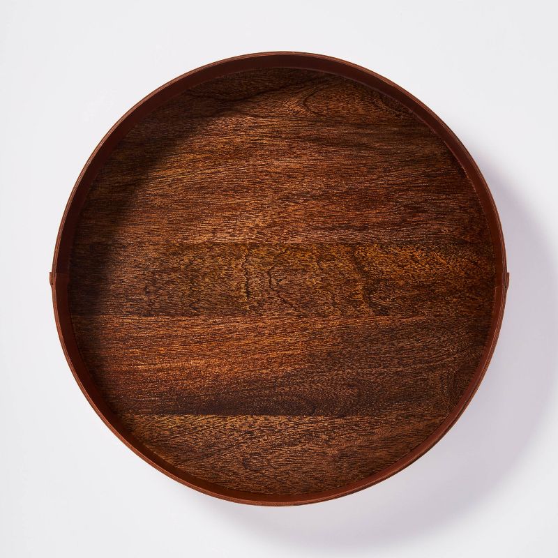 14" x 2" Decorative Round Leather Tray with Wood Base Brown - Threshold™ designed with Studio McGee