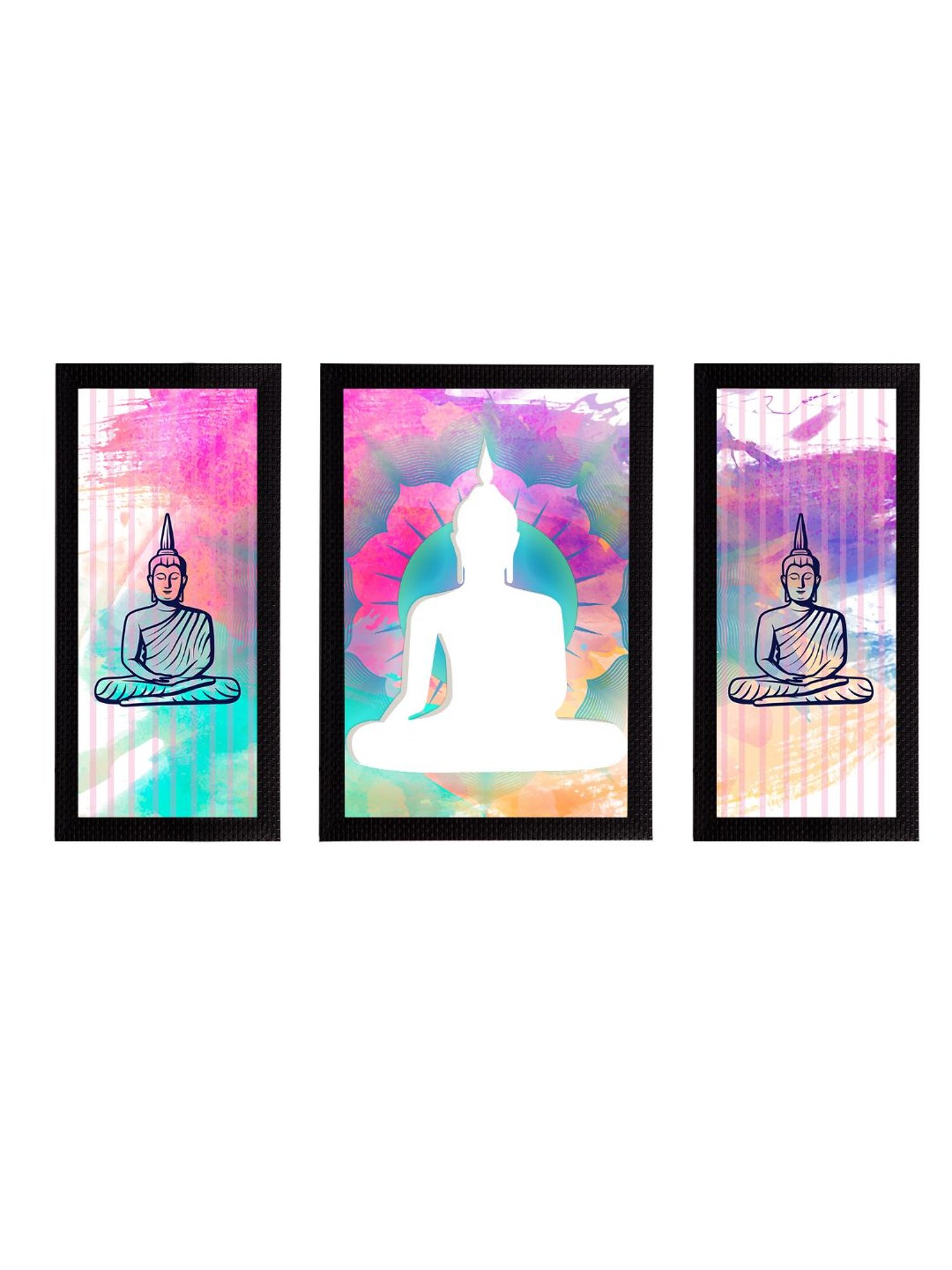 eCraftIndia Set of 3 Meditating Lord Buddha Satin Matt Textured UV Art Painting