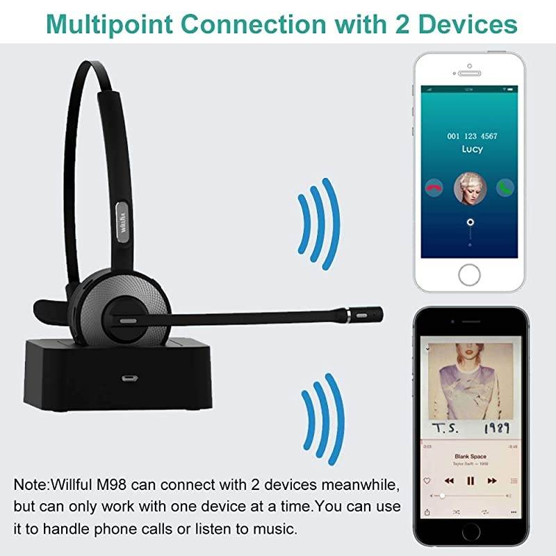 Trucker Bluetooth Headset Wireless Headset with MicrophoneCharging StationNoise Cancelling Clear SoundMute ButtonPhone Headset for Car Truck Driver Call Center Office