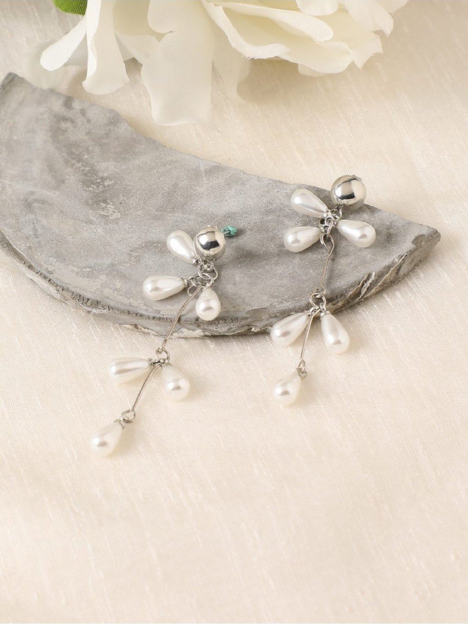 Sohi Women's Pearl Cluster Drop Earrings  Pearl White & Chalice Silver
