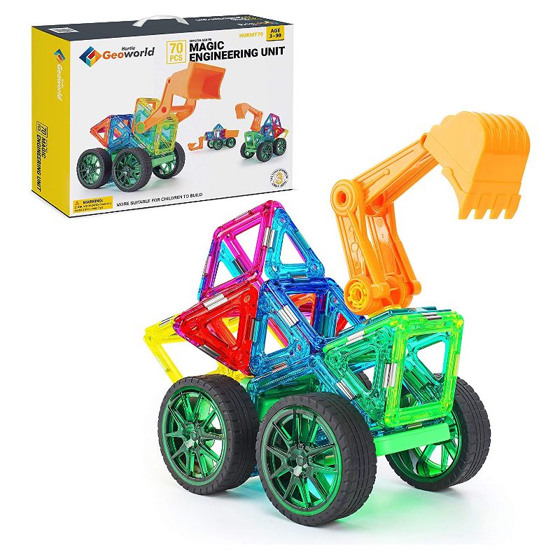 Hurtle Kids Childrens Deluxe 70 Piece Educational STEM Engineering Magnetic Building Block Set with 2 Big Wheels, Car Body, and Bulldozer Arm, Multi