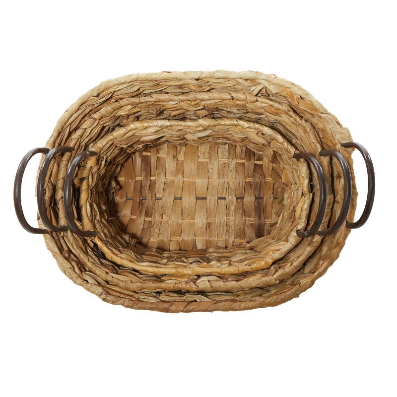 Olivia & May Set of 3 Large Oval Braided Wicker Storage Baskets with Metal Handles Natural