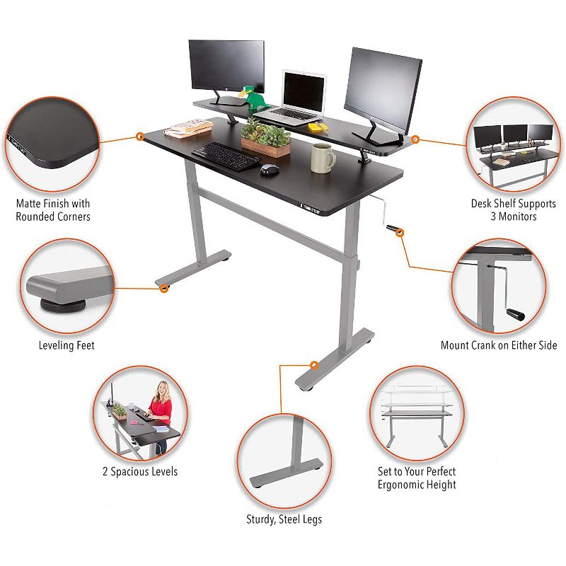 Tranzendesk Standing Desk with Clamp-On Shelf - 55" Sit to Stand Workstation with 55" Monitor Stand - Black with Silver Legs - Stand Steady
