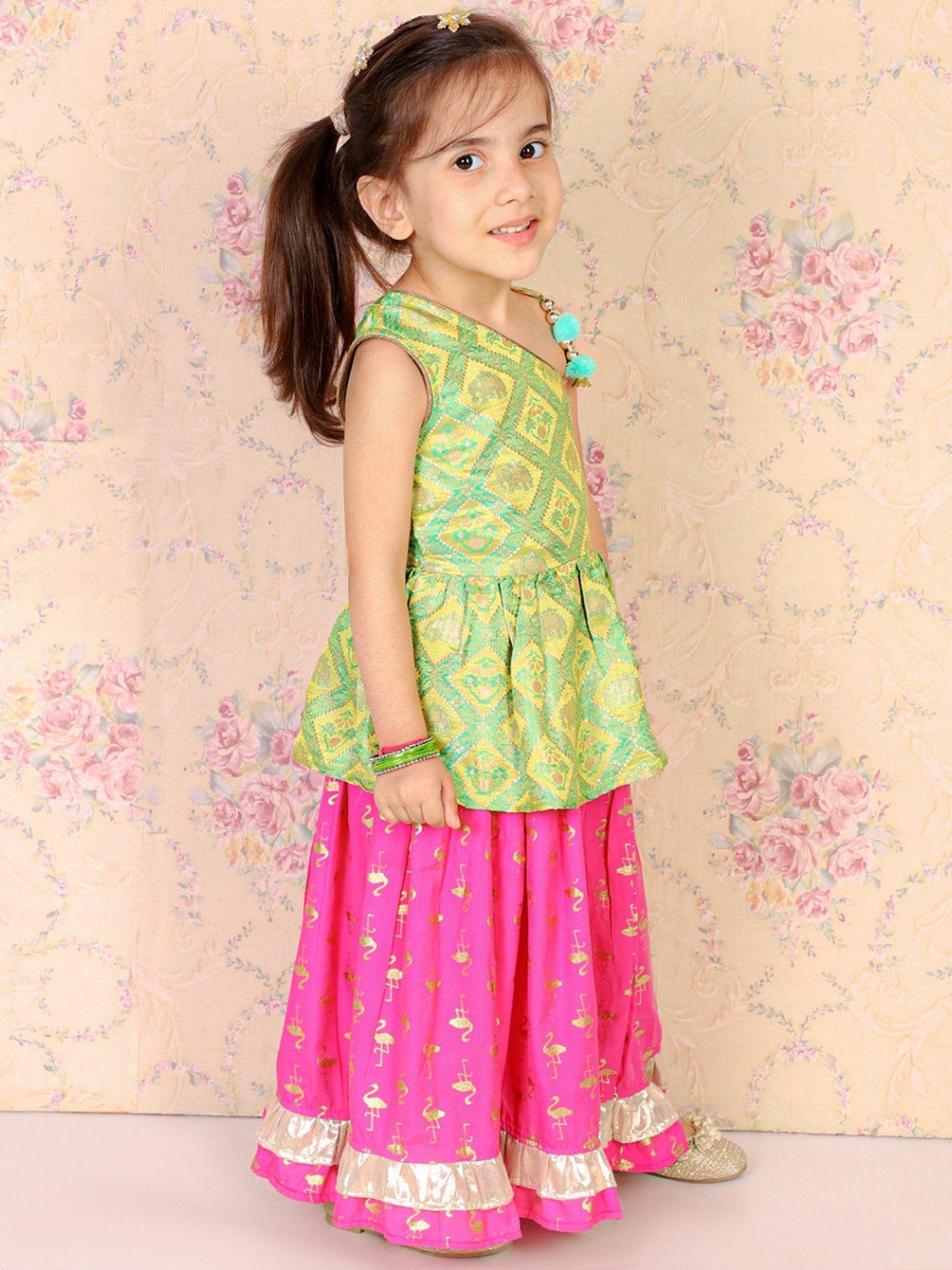 TWISHA Kids Green & Pink Self Design Top with Ghagra