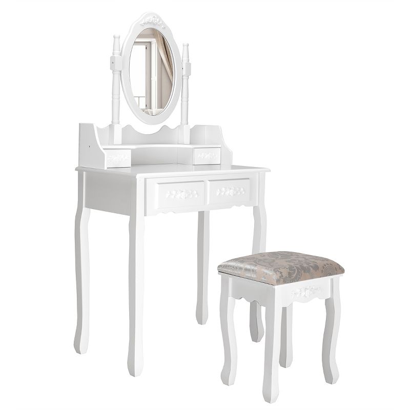 Costway Vanity Wood Makeup Dressing Table Stool Jewelry Desk 4 White