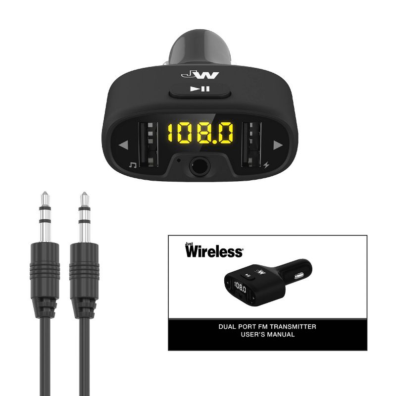 Just Wireless FM Transmittr (3.5mm)  with 2.4A/12W 2-Port USB Car Charger - Black