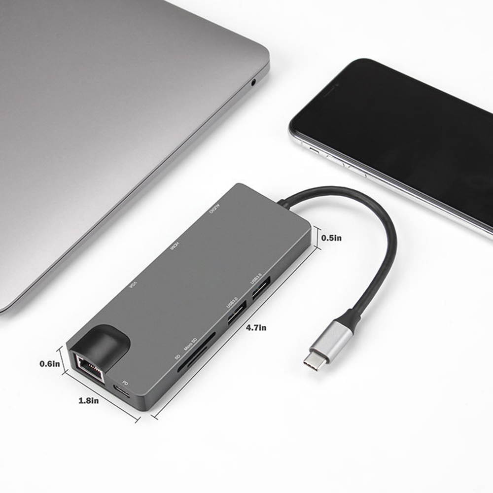 Type C Hub, 9-in-1 USB C Adapter with 4K USB C to HDMI,VGA, USB C Charging, 2 USB 3.0, SD/TF Card Reader, USB C to 3.5mm, Gigabit Ethernet, USB C Dock Compatible MacBook Pro 13/15 (Thunderbolt 3)