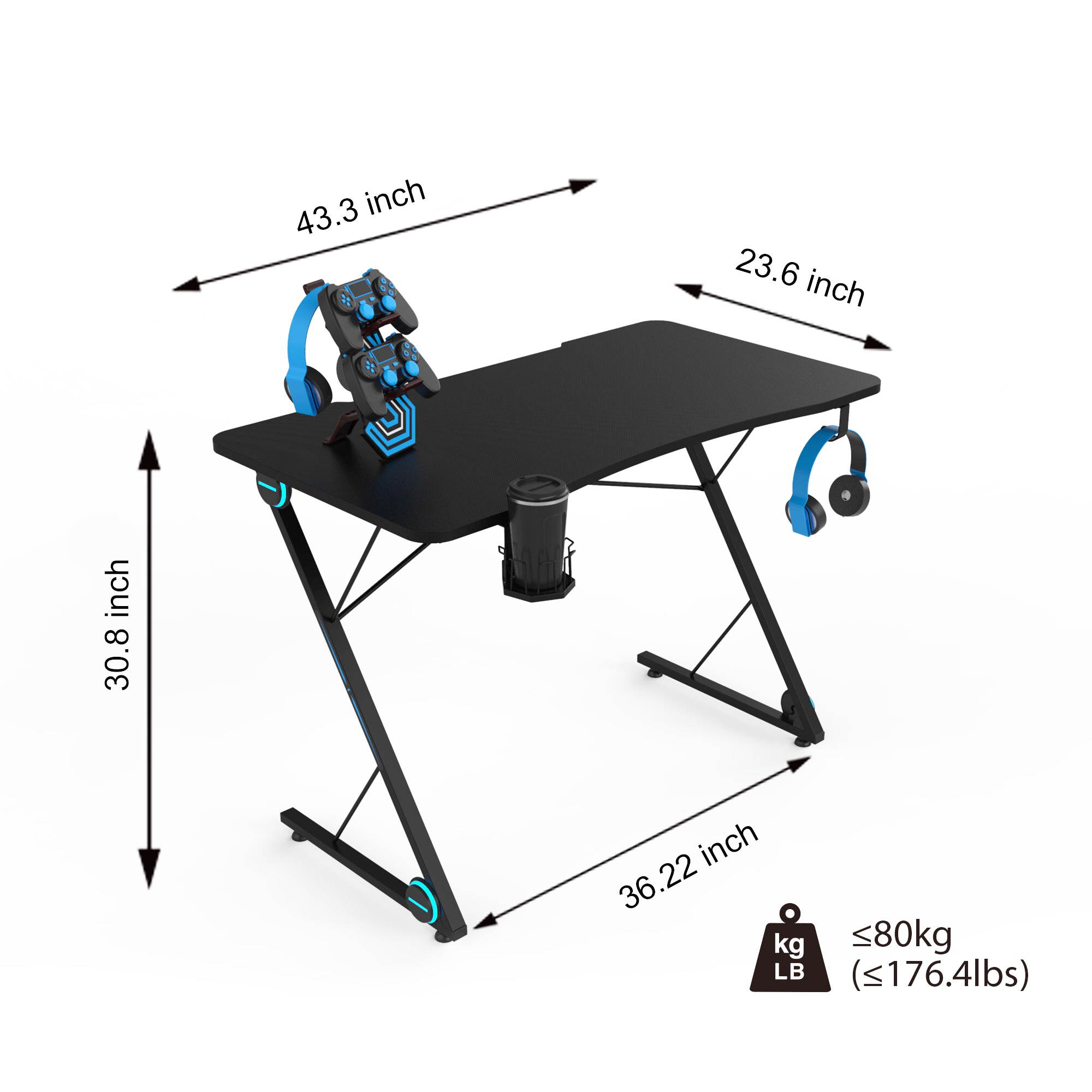43'' Z-Shaped Gaming Desk E-Sport Gamer Workstation Ergonomic PC Gaming Table with LED Lights,Large Carbon Fiber Surface,Game Handles Holder,Cup Holder,Headphone Hook and Cable Management