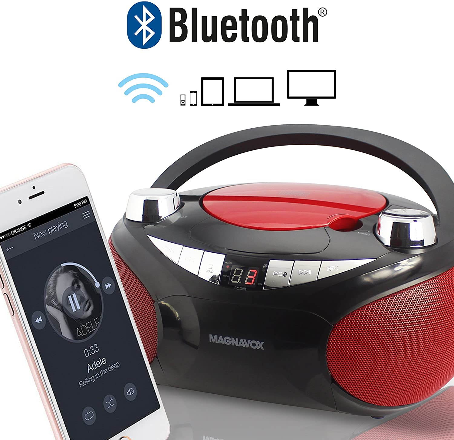 Magnavox MD6949 CD Boombox with AM/FM Radio & Bluetooth Wireless Technology - Red/Black