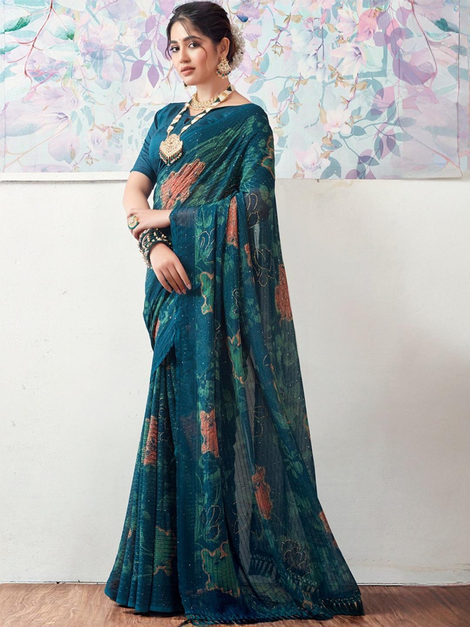 Satrani Blue Floral Print Saree With Unstitched Blouse
