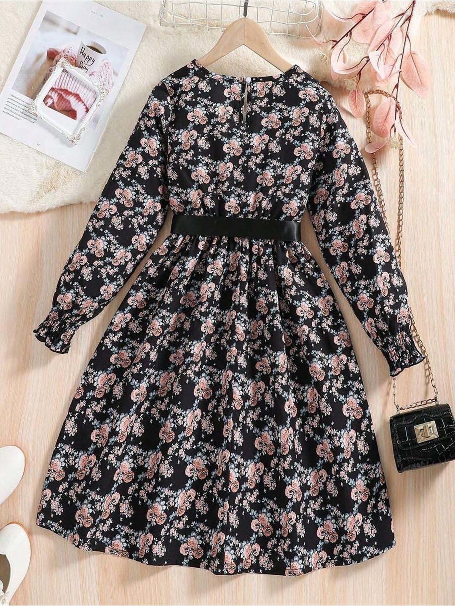 Bolly Lounge Girls Black Floral Full Sleeves Dress