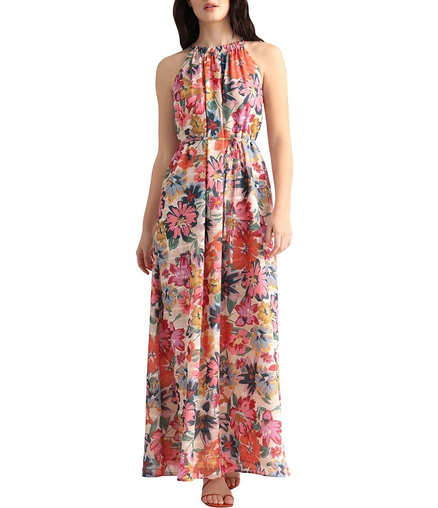 Maggy London Floral Halter Trapeze Maxi Dress