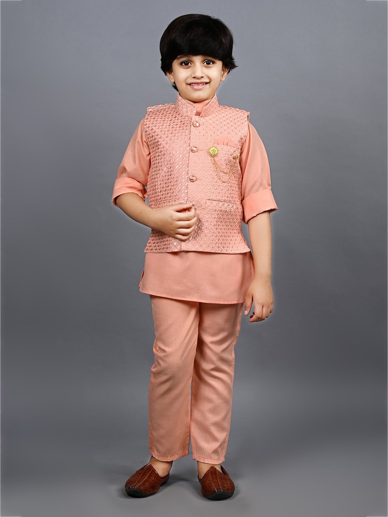 Ahhaaaa Kids Peach Embellished Full Sleeves Sherwani, Jacket & Pyjamas