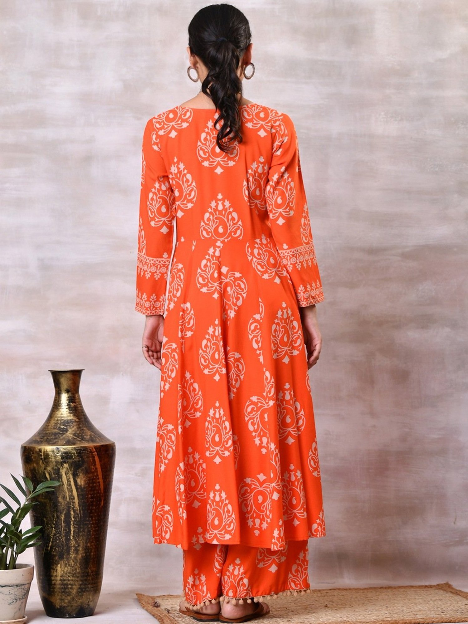 Rustorange Orange Printed Kurta Pant Set With Dupatta
