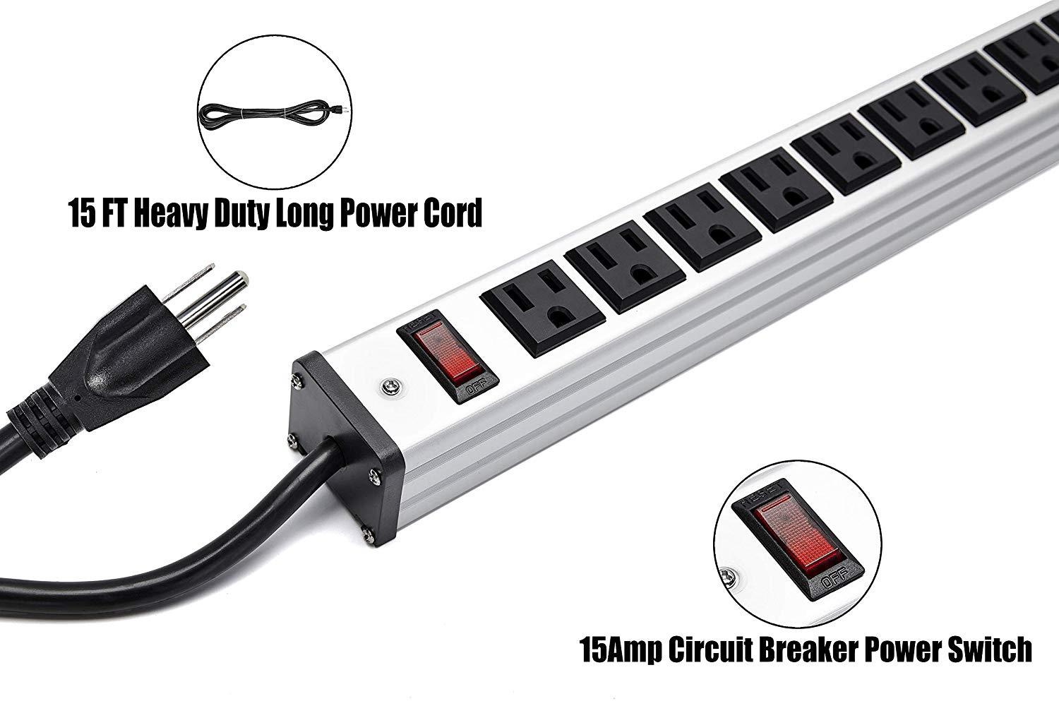 Surge Protector Power Strip 16-Outlet ETL Certified Heavy Duty Metal Power Socket with Circuit Breaker and 15 FT Long Cord