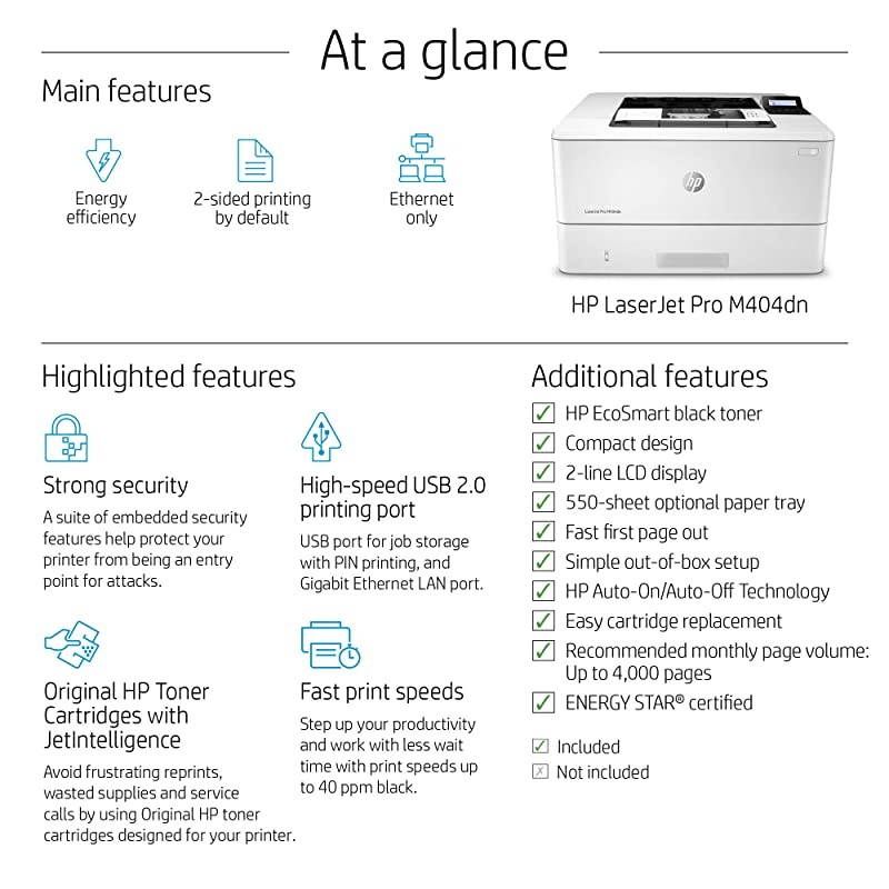 LaserJet Pro M404dn Monochrome Laser Printer with Built-In Ethernet & Double-Sided Printing - Built-in Ethernet (W1A53A)