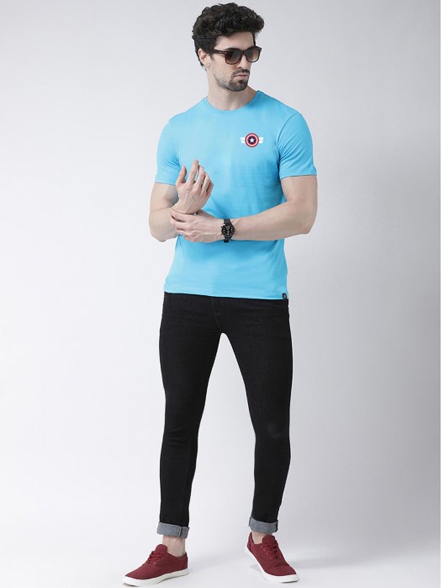 Friskers Turquoise Blue Cotton Slim Fit T-Shirt