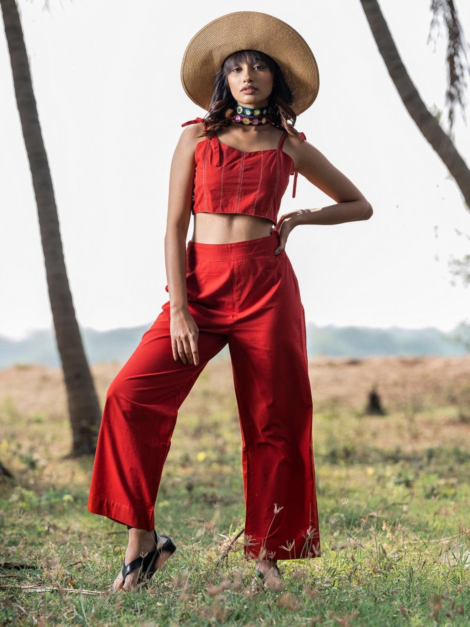 Okhai Red Pure Cotton Crop Top With Pants
