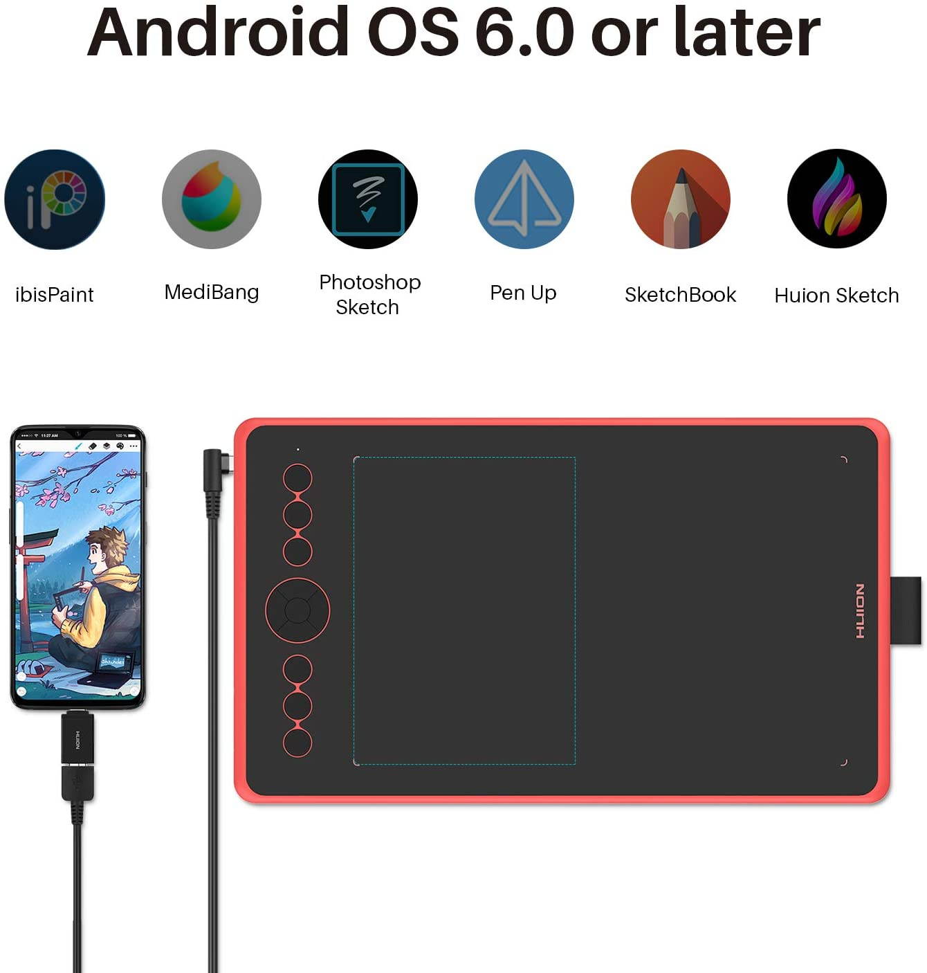 HUION Inspiroy Ink H320M Graphics Drawing Tablet, Dual-Purpose LCD Writing Tablet 8192 Pen Pressure Battery-Free Stylus Tilt Function Android Supported with Sleeve Bag (Coral Red)