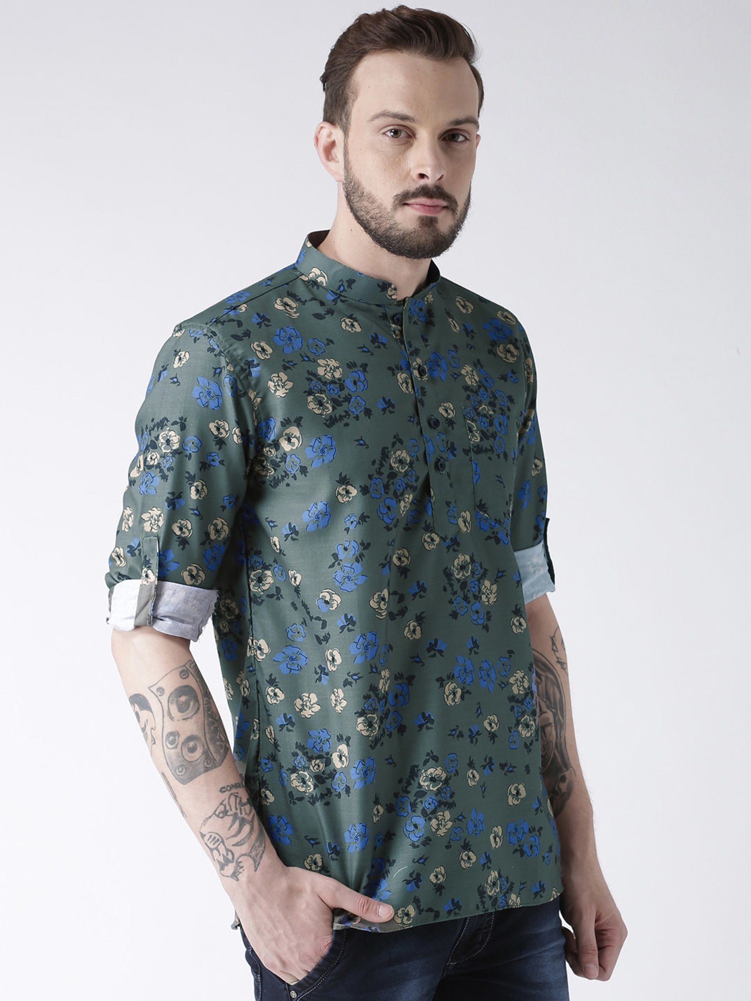 Hangup Plus Green Regular Fit Floral Print Short Kurta