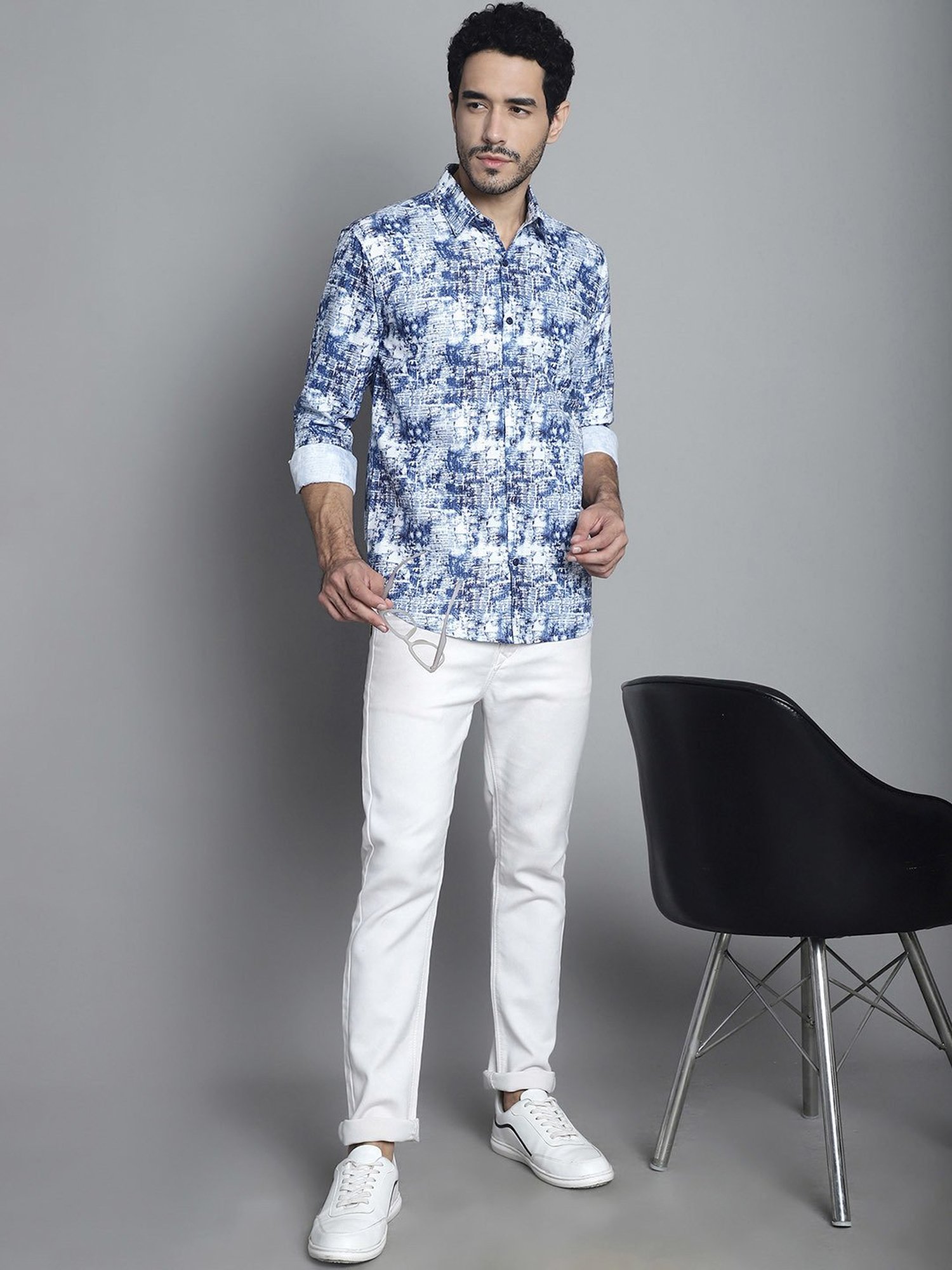 Jainish Blue Regular Fit Geometric Print Shirt