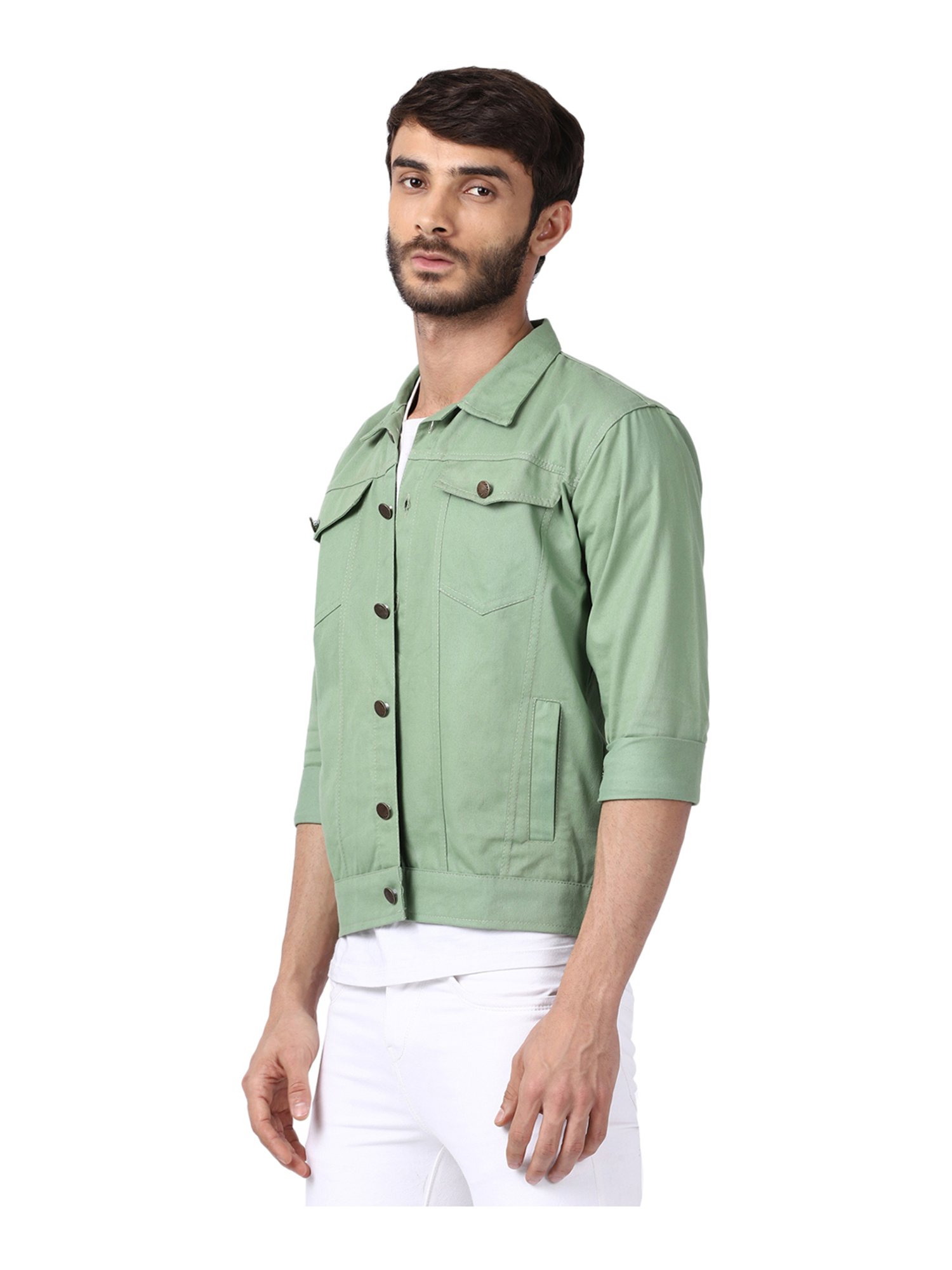 VOXATI Light Green Full Sleeves Shirt Collar Denim Jacket