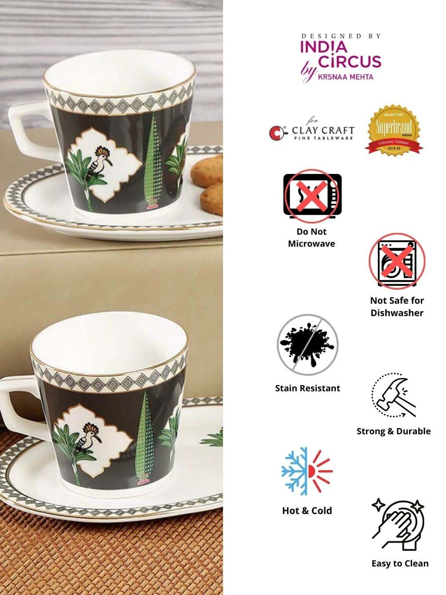 India Circus Black & White Ceramic 4 Cup (0.22 L) with 4 Saucer