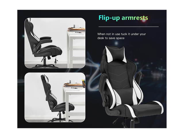 Gaming Chair Massage Office Chair PC Computer Chair with Lumbar Support Headrest Flip up Armrest Task Rolling Swivel Ergonomic Adjustable E-Sports Desk Racing Chair for Men Adults(White)