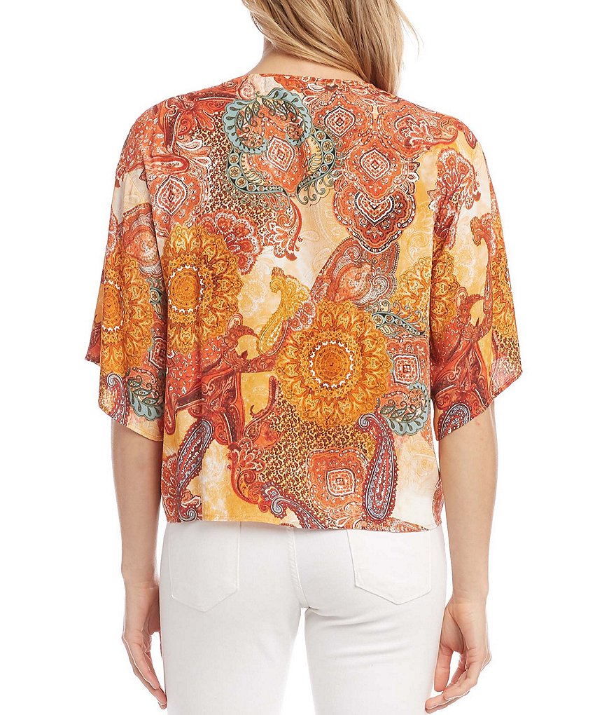 Karen Kane Petite Size Paisley Print V-Neck Flare Dolman Sleeve Tie-Front Woven Top