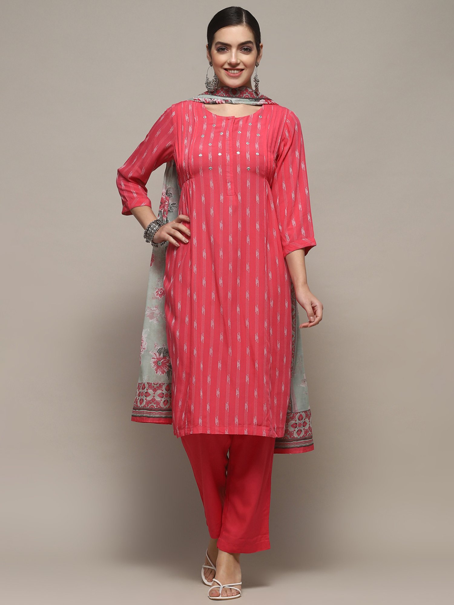 Biba Pink Woven Pattern Kurta Pant Set With Dupatta