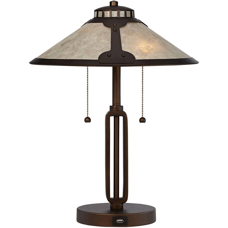 Franklin Iron Works Mission Desk Table Lamp with Hotel Style USB Charging Port Industrial Rubbed Bronze Natural Mica Shade for Bedroom Office