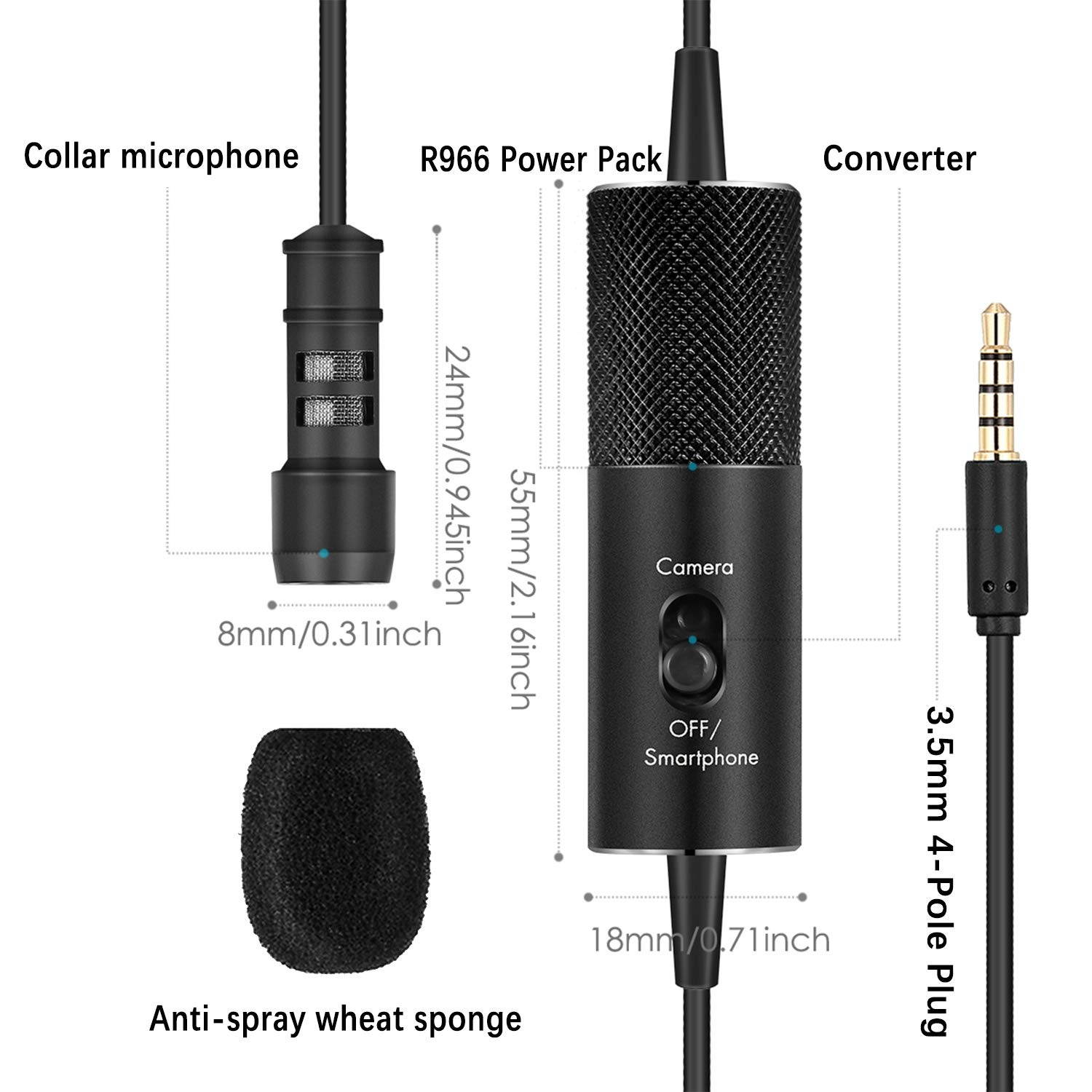 Lavalier Microphone, IUKUS Professional Clip-on Lapel Mic Omnidirectional Condenser Lavalier Microphone with 6M/19FT Cord for Camera/Smartphone