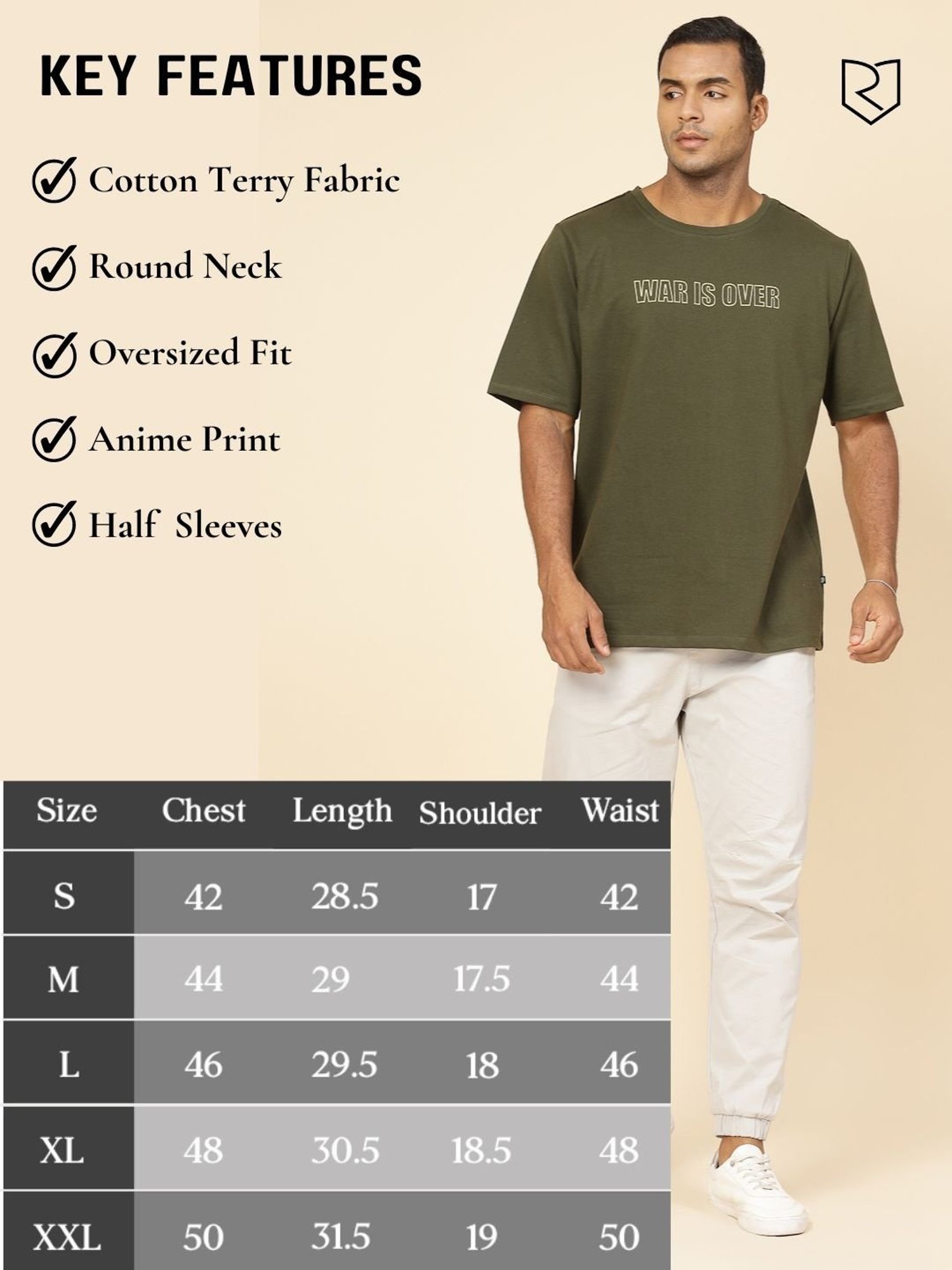 Rigo Army Green Cotton Loose Fit Typography T-Shirt