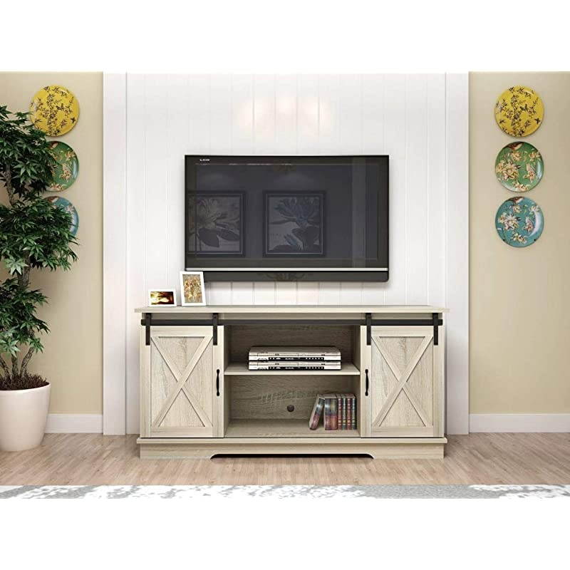 Sliding Barn Door TV Stand for TVs up to 65", Home Living Room Entertainment Center, Wood Storage Cabinet with Doors and Shelve, White Oak