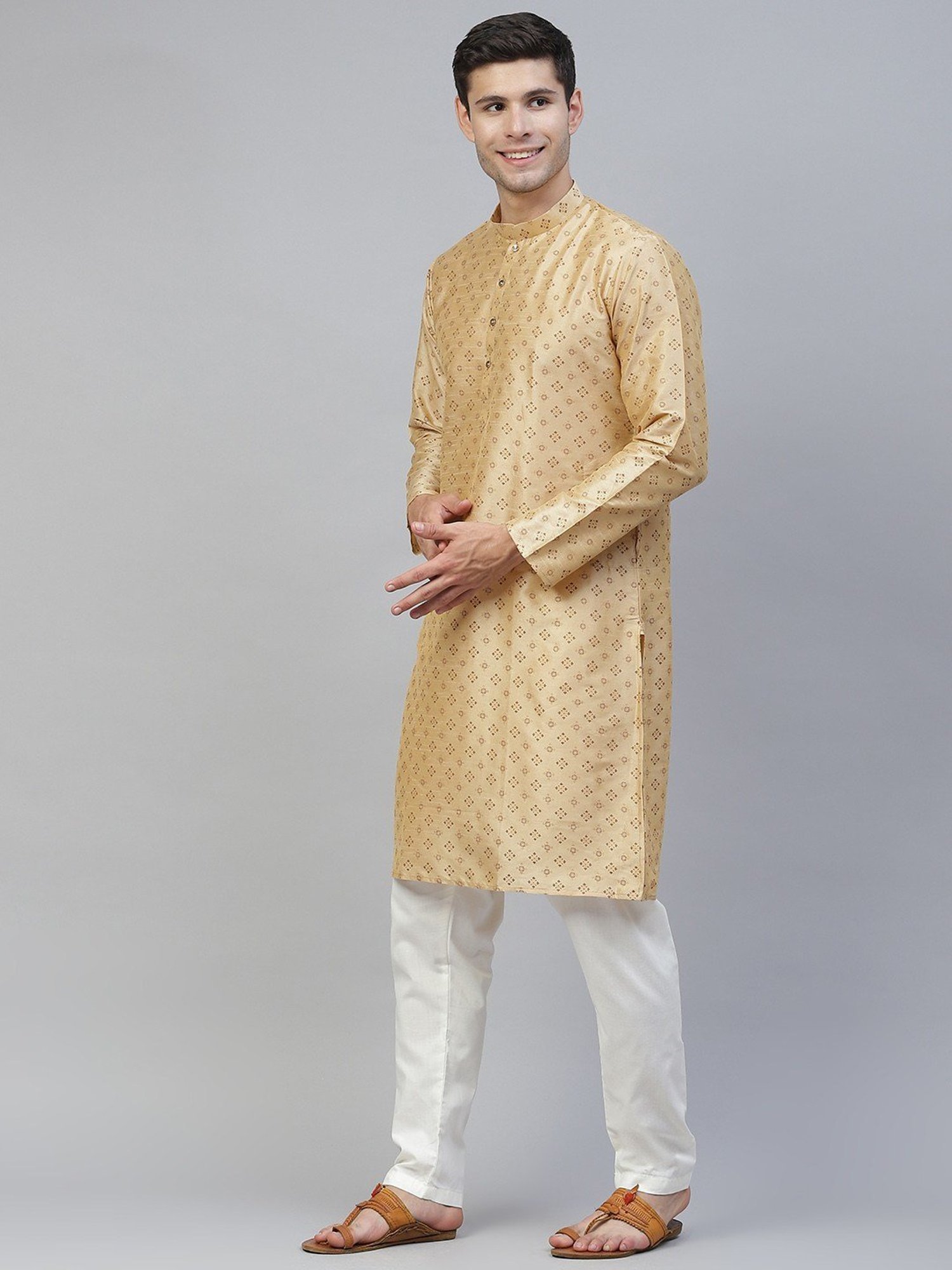 ManQ Beige & White Regular Fit Printed Kurta Bottom Set