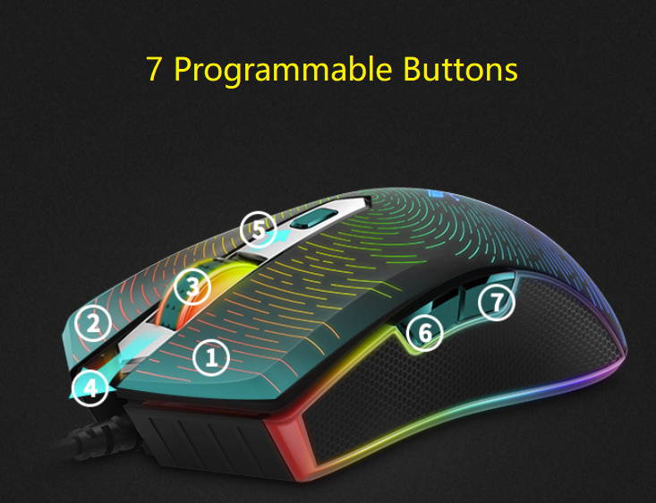 Rapoo V29S Ergonomic Design, Pixart 3320 Cool Exterior RGB Backlit LED  Light  Wired Gaming 7000DPI 7 Programmable Buttons Mouse  For Office And Game - Black