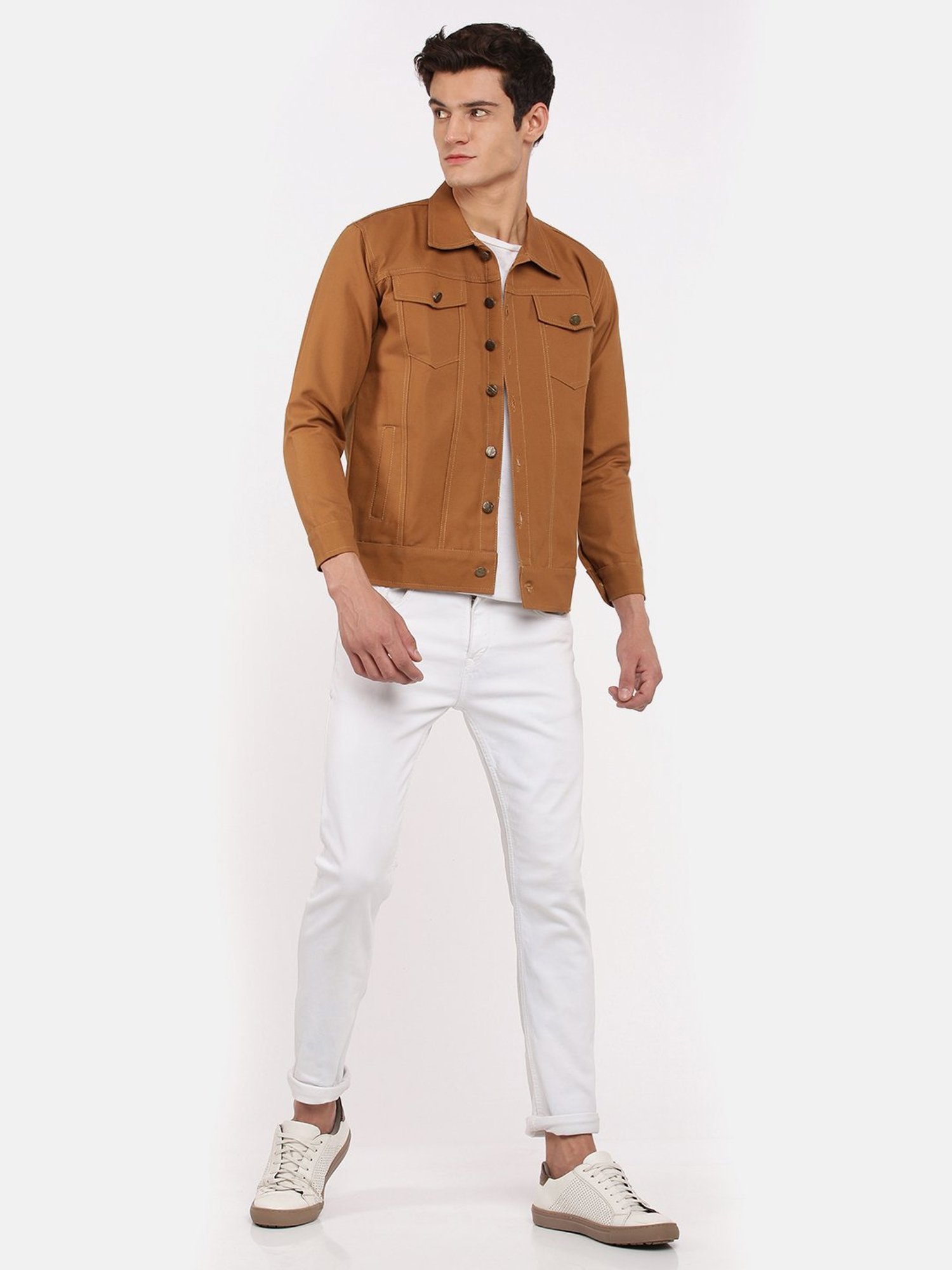 VOXATI Brown Full Sleeves Shirt Collar Denim Jacket