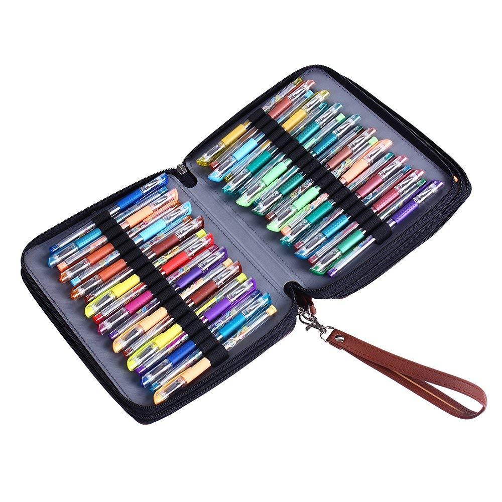 Shulaner 155 Slots Colored Pencil Case Rose Red Leather Pen Holder Large Capacity Portabl Organizer Holds Up to 80 Colored Pencils and 72 Colored Gel Pens with 3 Larger Slots for Eraser or Sharpener