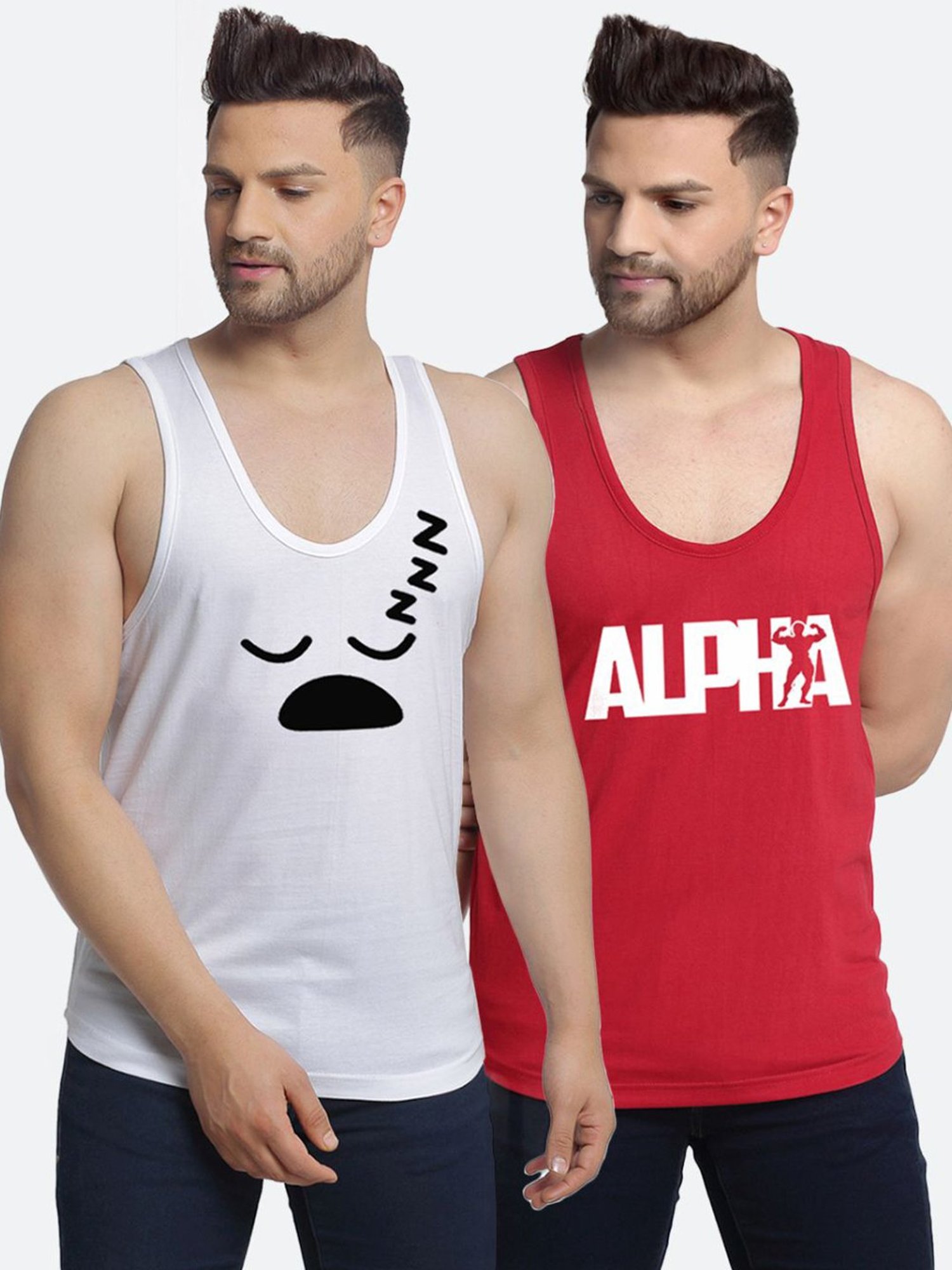 Friskers Multi Cotton Slim Fit Printed Gym Vest - Pack of 2