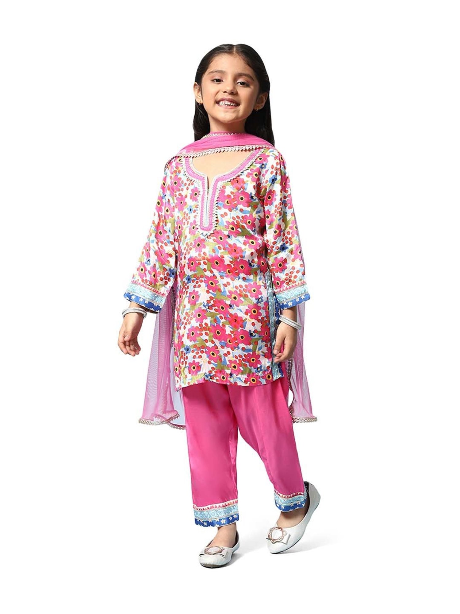 BIBA Girls Pink Floral Print Full Sleeves Kurta Set