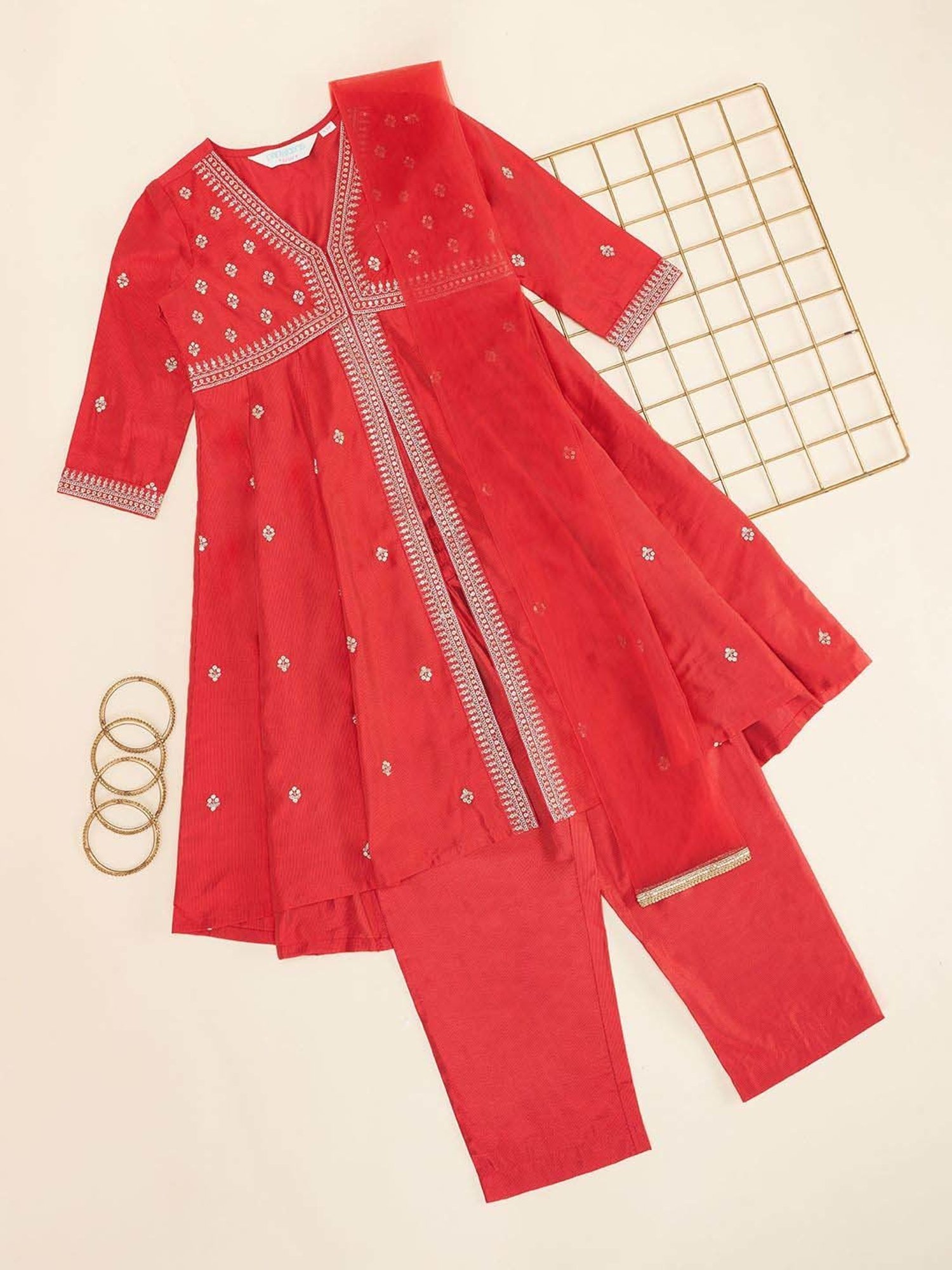 Akkriti by Pantaloons Girls Barbados Cherry Cotton Embellished Kurta Sets