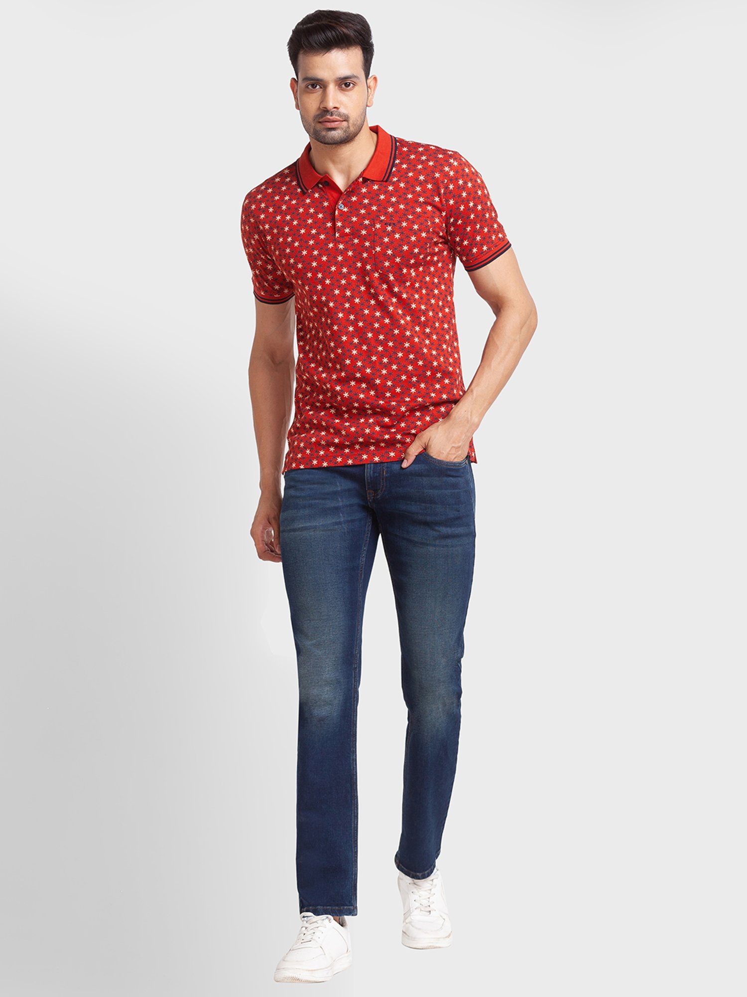 ColorPlus Orange Cotton Tailored Fit Printed Polo T-Shirt