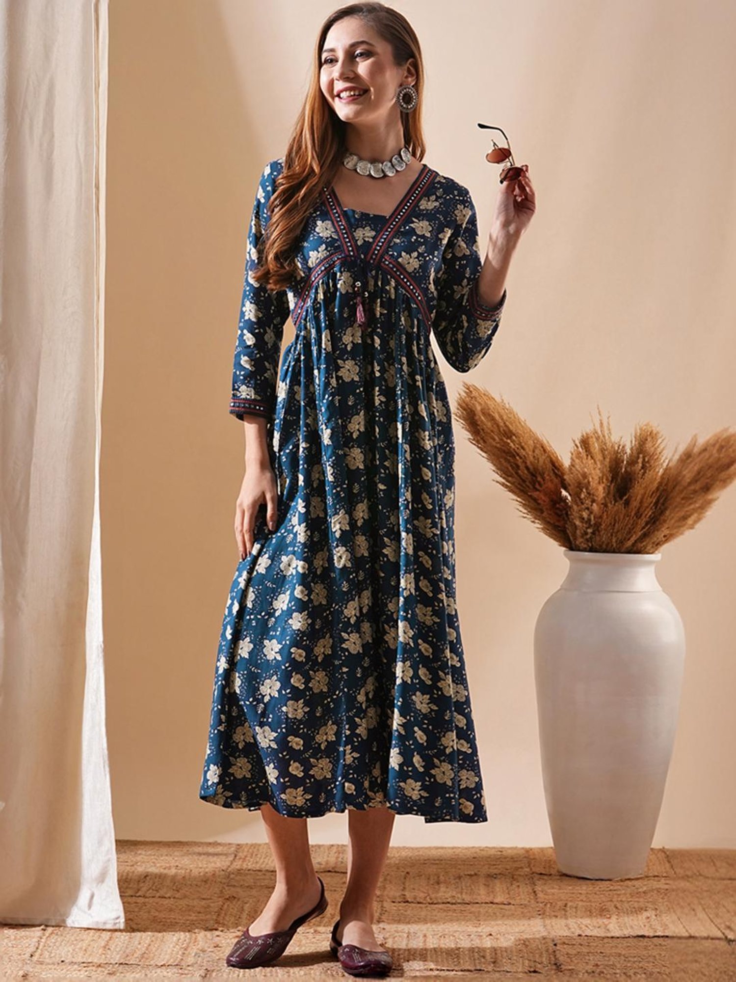 Fashor Blue Printed A-Line Dress