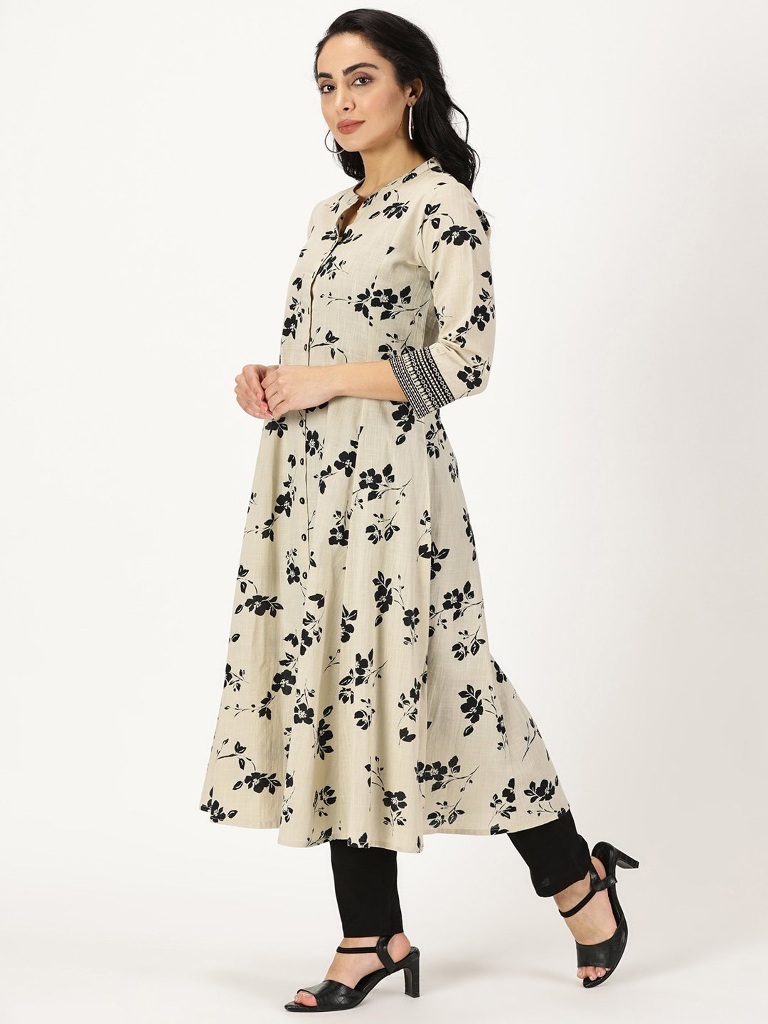 Saffron Threads Beige Cotton Floral Print A Line Kurta