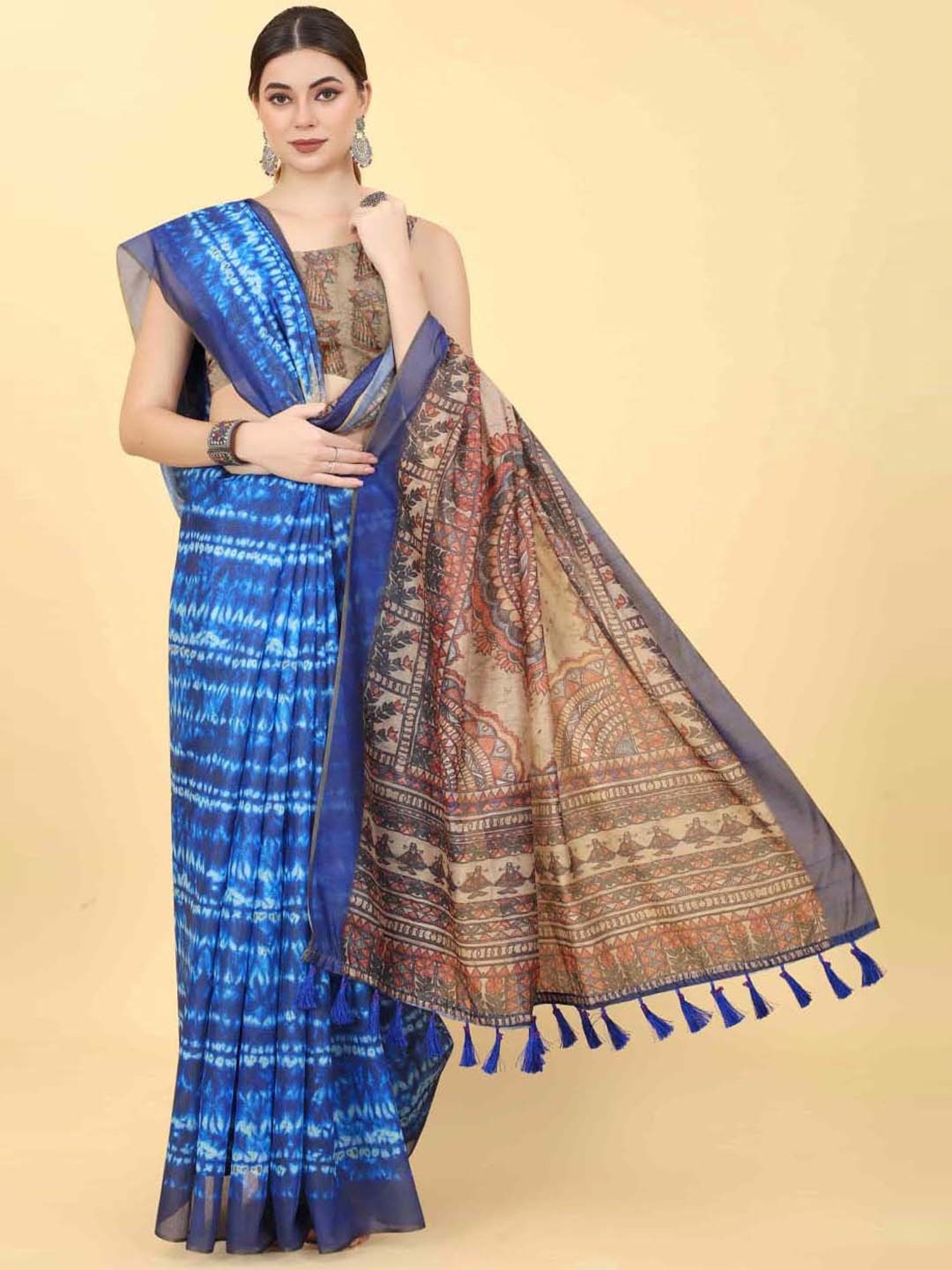 Silk Land Blue Printed Saree With Unstitched Blouse