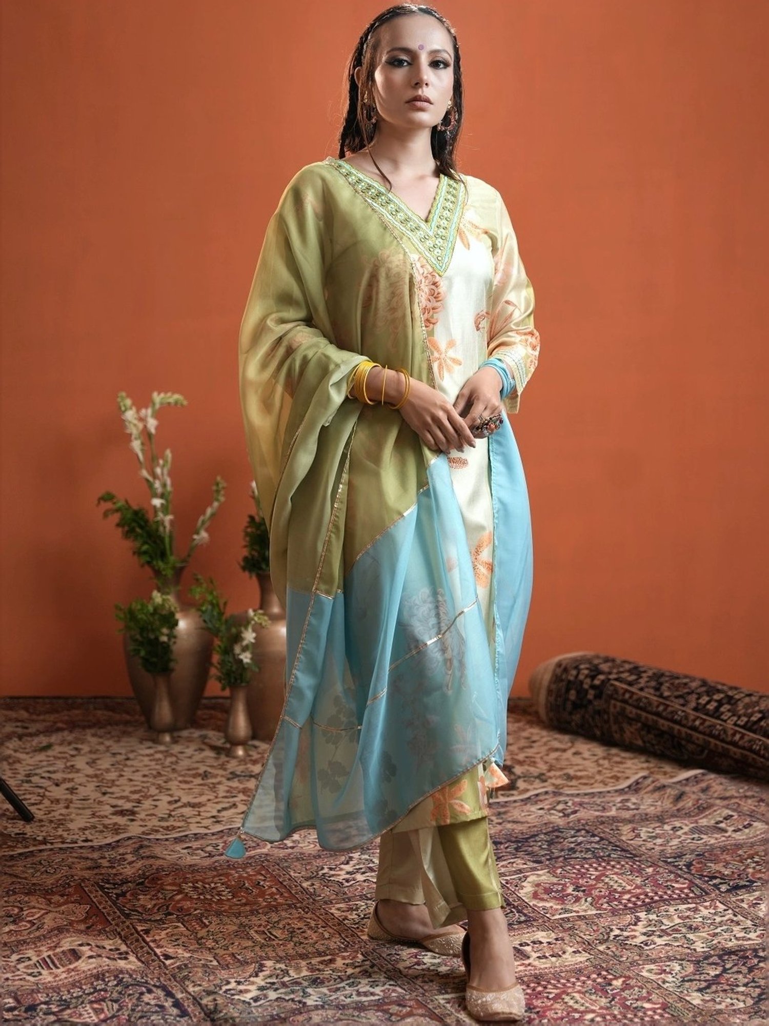 Heeposh Green Printed Kurta Pant Set With Dupatta